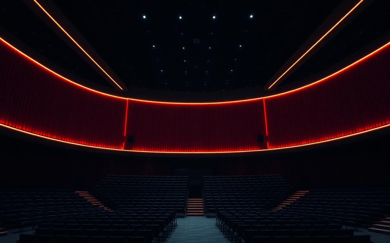 A dim lecture hall with rows of students