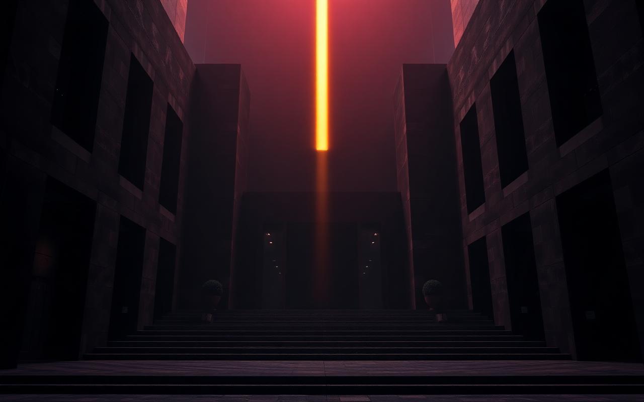 A single tall monolith lit in gold