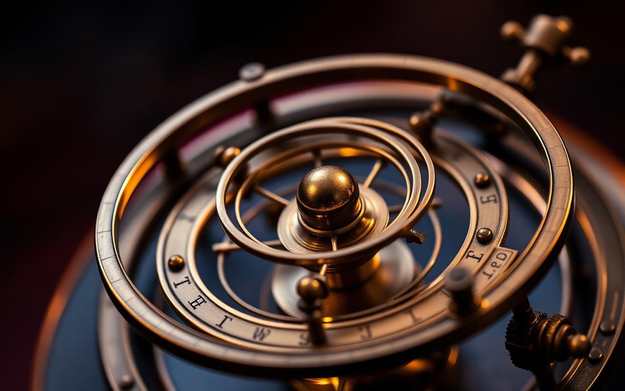 A brass orrery of orbiting spheres